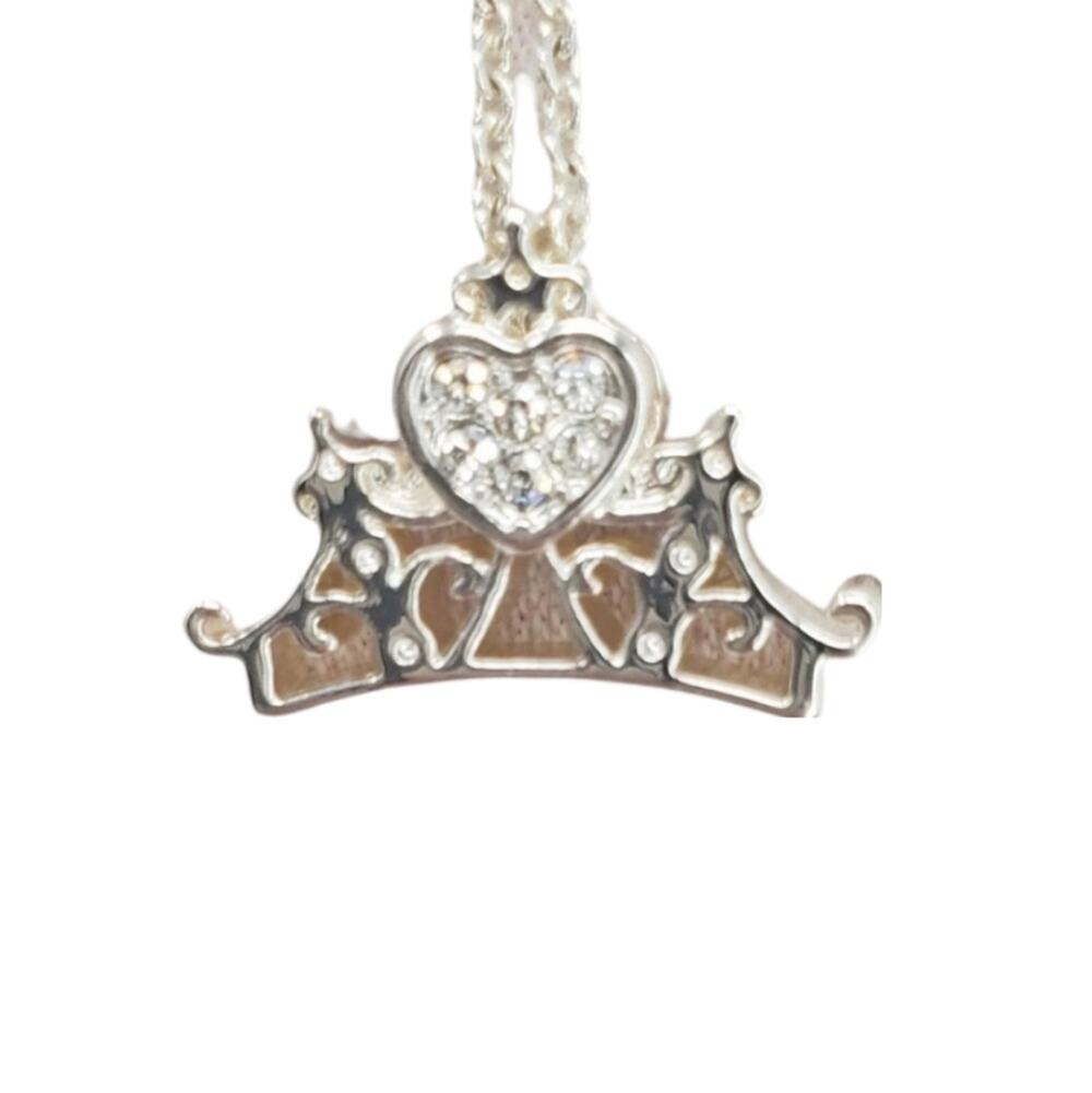Disney Silver & White Rhinestone Heart Crown Necklace